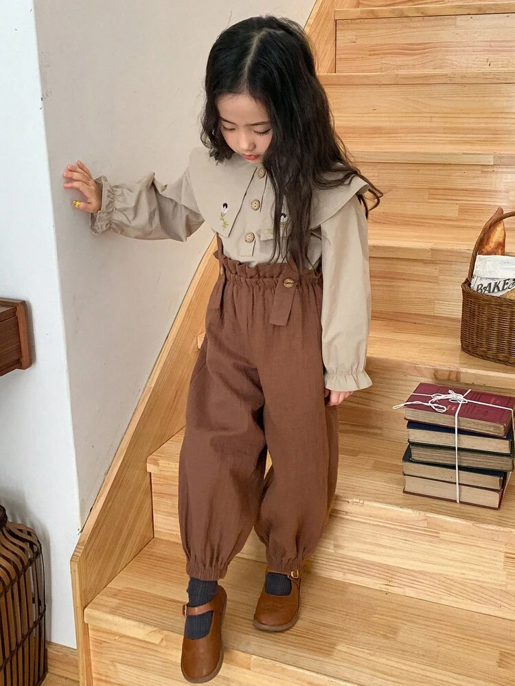 2pcs Young Girl Girls Woven Collared Embroidered Long Sleeve Shirt + Bib Pants Set, Fall
