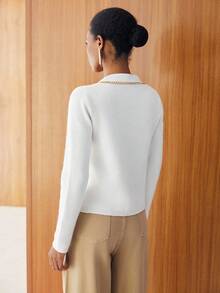 Lumivelle Women's Metal Chain Decor Heart Metal Button White Knitted Cardigan, Autumn/Winter