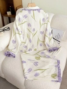 青少年女孩休闲家居可爱花朵印花图案撞色缝线荷叶边家居服套装，郁金香印花荷叶边下摆睡衣套装，节日季 - 彩色 - 查看 2