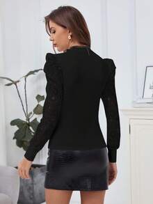 EMERY ROSE Áo thun nữ tay bồng phối ren tương phản cổ trụ thời trang - màu đen - Xem 2