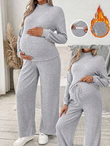 SHEIN 2pcs Maternity Grey Autumn Smart Casual Everyday Solid Color Textured Long Sleeve Top And Pants Set,Comfortable Two Piece Lounge Fall Winter Clothes - Grey - View 1
