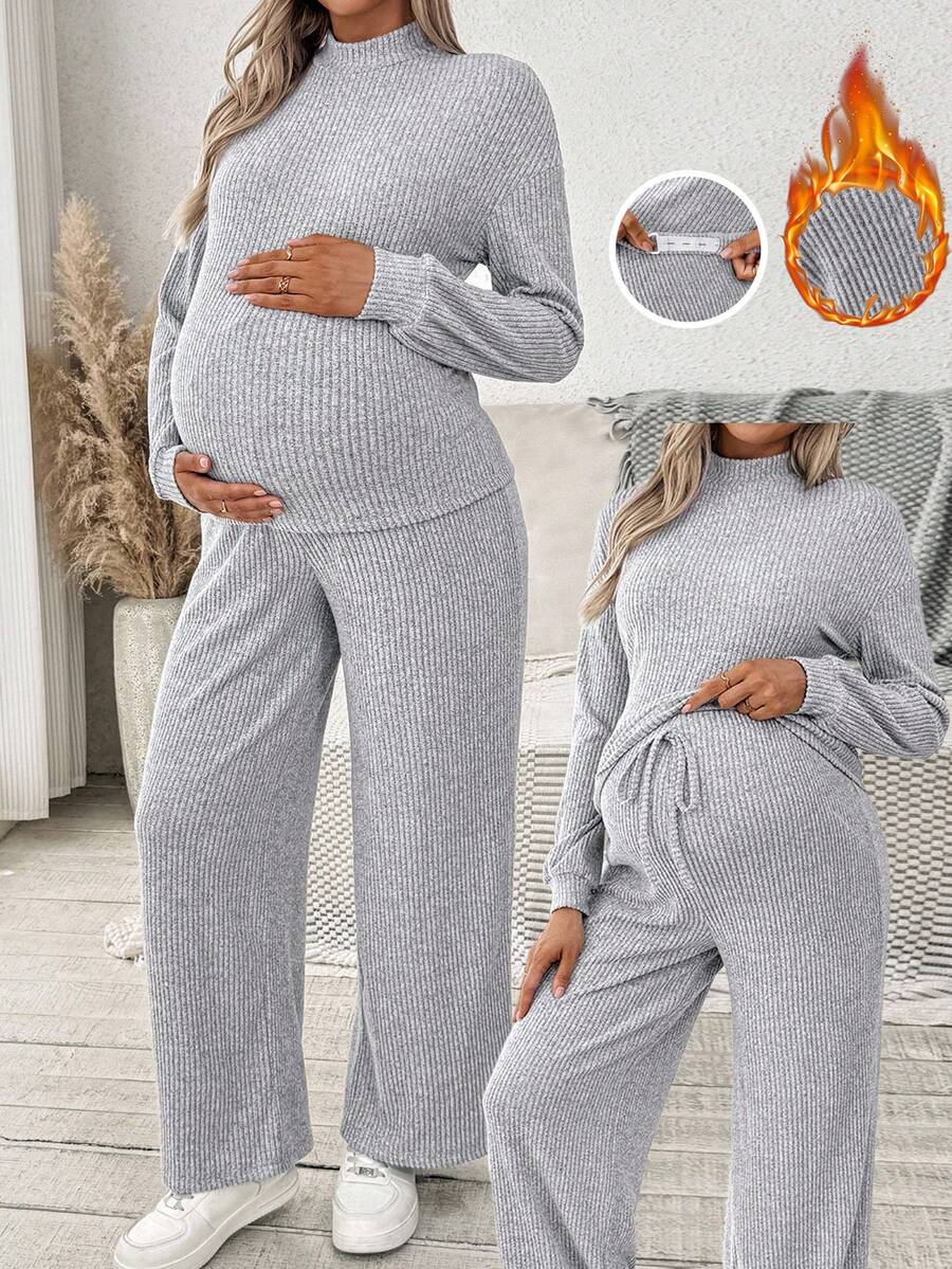 SHEIN 2pcs Maternity Grey Autumn Smart Casual Everyday Solid Color Textured Long Sleeve Top And Pants Set,Comfortable Two Piece Lounge Fall Winter Clothes - Grey - View 1