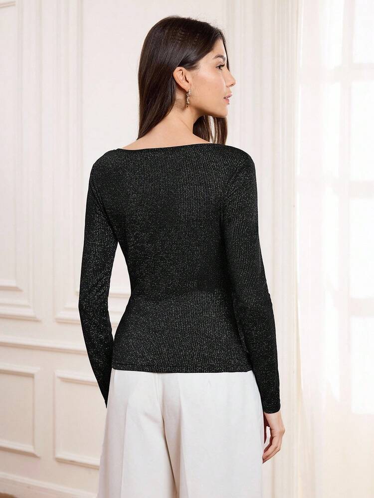 Elegant Fitted Women's Top, Autumn/Winter Metallic Accent Elegant T-Shirt, Silky Fabric Versatile Black Knit Sweater, Elegant Base Layer