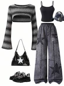 Sparklyn 3pcs/Set Teenage Girls Ombre Striped Flare Sleeve Cover Up, Solid Color Camisole, And Distressed Star Print Wide Leg Jeans Pants, Retro Chic Street Style