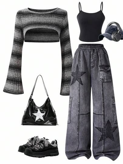 Sparklyn 3 st/set tonårsflickor ombre-randiga utsvängda ärmar, enfärgat linne och slitna stjärnmönster vida jeansbyxor, retrochic gatustil