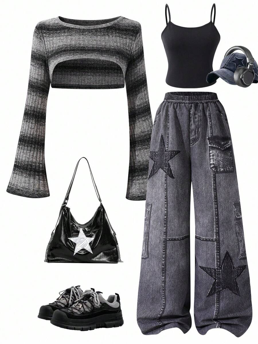 Sparklyn 3pcs/Set Teenage Girls Ombre Striped Flare Sleeve Cover Up, Solid Color Camisole, And Distressed Star Print Wide Leg Jeans Pants, Retro Chic Street Style