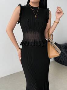 Modelyn 2件套优雅淑女风无袖针织背心和长款百褶裙套装 - 黑色 - 查看 5