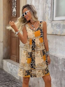 Brillora 夏日度假休闲拼布印花无袖连衣裙