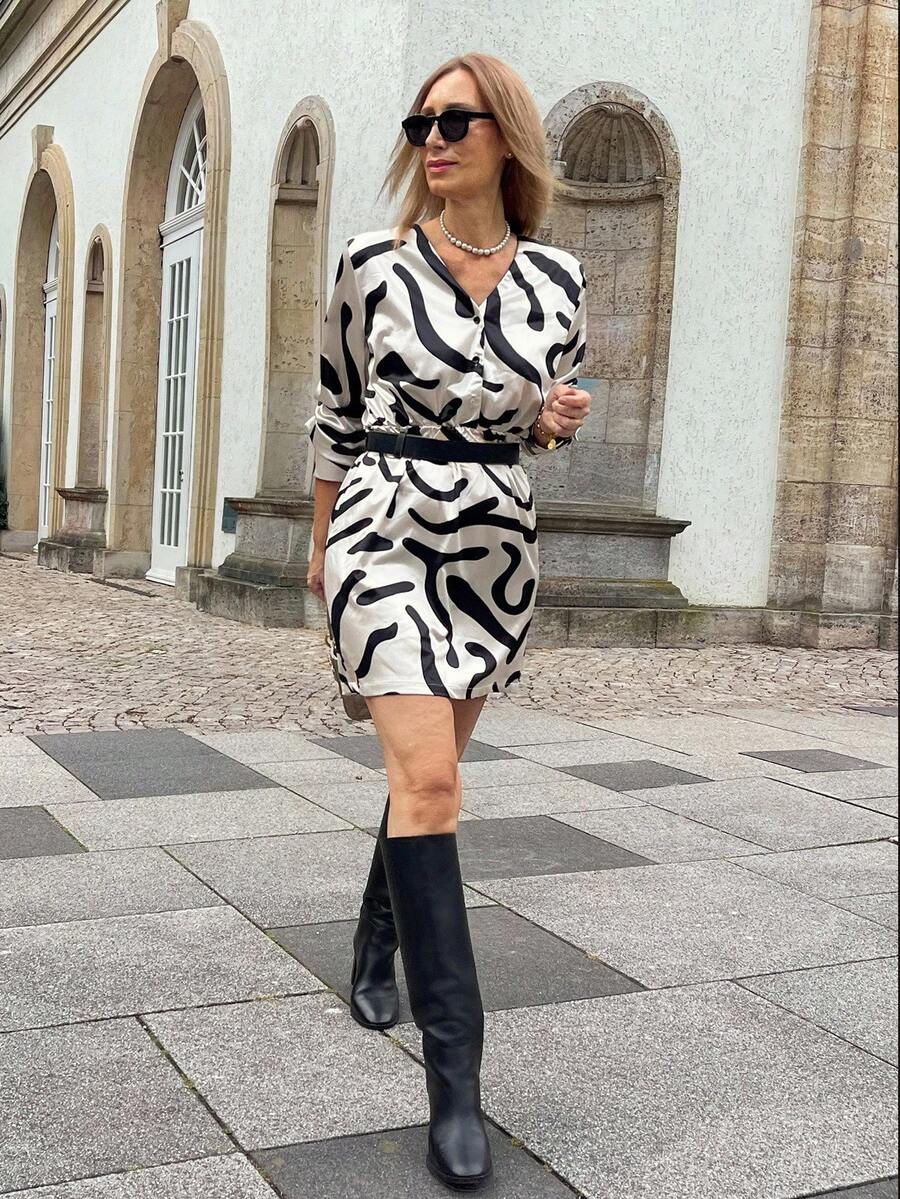 Livesso Women's Zebra Print Long Sleeve Cinched Waist Short Shirt Dress - Black and White - View 1