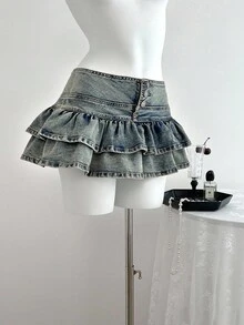 SHEIN ICON Plus Size Women Y2K Fashion Casual Ruffle Denim Mini Skirt - Dusty Blue - View 3
