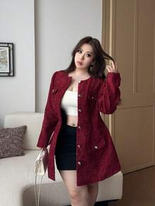 Vibekara Plus Size Elegant Red Cinched Waist Commuter Jacket - Red - View 8