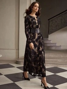 ZEYLAH Đầm dài tay cổ tròn họa tiết hoa 3D, thanh lịch - màu đen - Xem 4