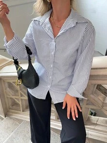 Jeta Ari 女式夏季条纹宽松长袖纽扣男友衬衫，返校服装 - 藏蓝色 - 查看 3