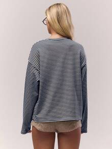 MUSERA Long Sleeve Striped Button Down Oversized T-Shirt Old Money Cute Country Cottage Core Casual Lounge Top For Women Butterscotch Spring Summer Holiday - Navy Blue - View 4