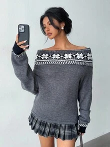 Aloruh Women's Elegant Grey Autumn Sweater,Fair Isle Pattern Christmas Off-Shoulder Puff Sleeve Pullover,Cozy Fall Winter Top Jumper For Brunch Apparel - Dark Grey - View 5
