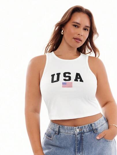 Solavibe Casual Minimalist USA Flag Graphic White Bodycon Camisole Tank Top, Suitable For Summer, Plus Size Women Independence Day Tank Top, Suitable For Summer Back To School