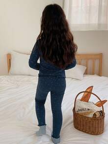 DAZY 2pcs Young Girl Girls Ditsy Floral Long Sleeve Knit Top And Pants Homewear Set, Fall - Navy Blue - View 5