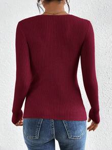 SHEIN Frenchy 优雅纯色扭纹针织修身毛衣，秋冬 - 酒紅色 - 查看 2
