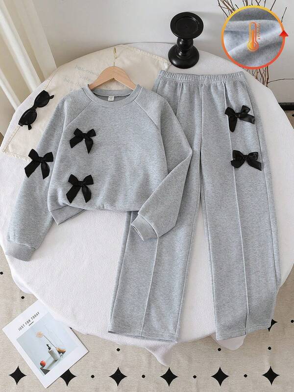 Genkimix Kids Set 2 buc. fete tinere la modă, bluză gri cu guler rotund, mânecă lungă și pantaloni largi cu fundă, toamnă/iarnă