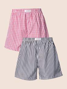 Manfinity Underwear&Sleepwear Basics 2pcs Plus Size Men's Loose & Comfortable Striped Airy Pants (2-Piece Set), Grey & Pink - Multicolor - View 1