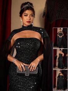 Cravure Nuovo abito da donna elegante e lungo con scialle extra large, adatto per feste eleganti/party/eventi, abito da sirena senza spalline e lungo fino a terra con scialle, motivo a pois argentati lucidi - nero - Visualizzare 1
