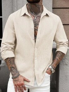 Manfinity CasualCool Camisa de poliéster semitransparente de color albaricoque con cuello y mangas largas, perfecta para negocios, estilo bohemio, otoño - Albaricoque - Ver 5