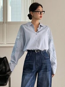 DAZY Women's Floral Patchwork Loose Long Sleeve Casual Elegant Urban Casual Shirt Fall - Blue - View 6