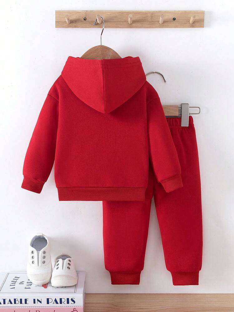 2pcs/Set Baby Boy Fashion Minimalist Star & Letter Print Brooklyn Hoodie Sweatshirt And Pants Set, Suitable For Outings In Autumn/Winter - Red - View 2