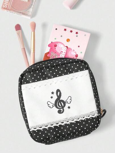 Kawaii Fashionable Cartoon Contrast Lace 2 Grid Retro Girl Thick Padded Large Capacity Portable Cosmetic Bag, Small Square Bag 442464