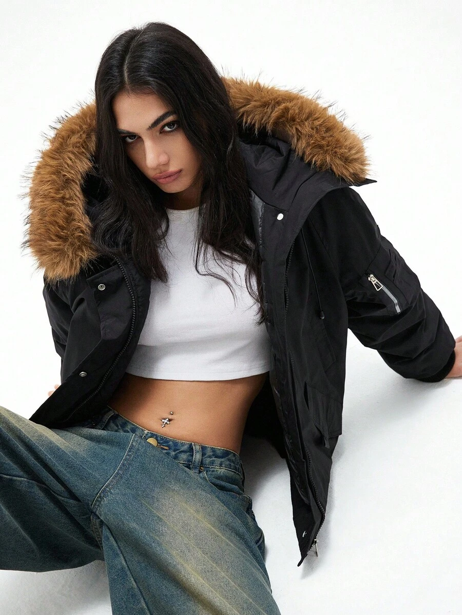 GENKIRA 全新时尚休闲别致简约高端拉链可拆卸仿毛领厚棉衣 - 黑色 - 查看 1