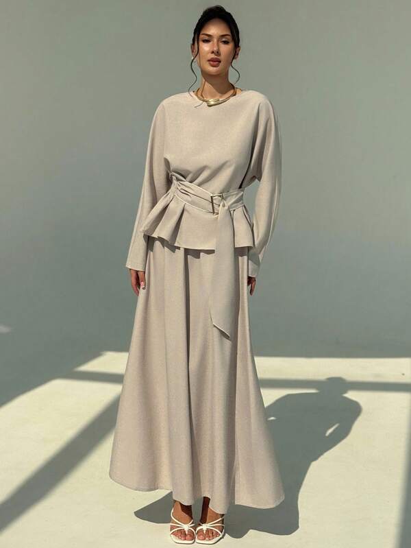 Aloruh Women's Autumn/Winter New Minimalist Fashion Commuter Pullover Waist Cinched Long Sleeve Shirt + Elegant A-Line Skirt Suit, Suitable For Daily, Date, Going Out, Teacher Outfit, Young Street Style