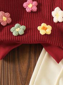 SHEIN Vintaside Kids Baby Girl Blue Knitted 3D Floral Pullover Sweater + Straight Leg Pants Set, Autumn/Winter Fall - Red - View 5
