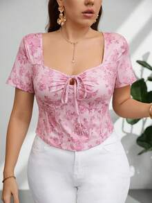 Firerie Plus Size Pink Graphic Drawstring Asymmetric Fish Bone Cropped T-Shirt - Pink - View 7