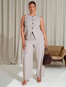 SHEIN BAE Plus Size Women's Business Solid Color Minimalist High-End Sleeveless Blazer And Pants Suit Set In Fall/Winter - Apricot - View 7