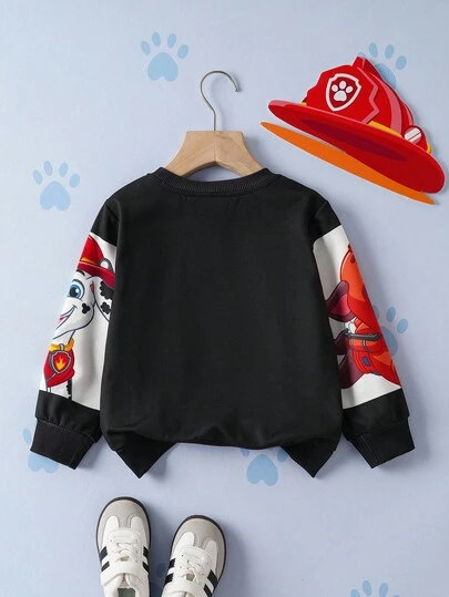 SHEIN | PAW Patrol Áo nỉ dệt kim cổ tròn rộng rãi in hình cún con màu đen trắng cho bé trai