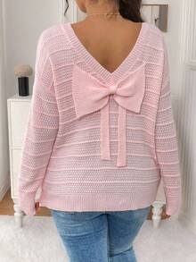 Elenzga Plusstorlek kvinnor tjock rosa rund halsad lös stor rosettdekor tröja, mångsidig för höst/vinter stickad pullover hösttröja - Rosa - Visa 2