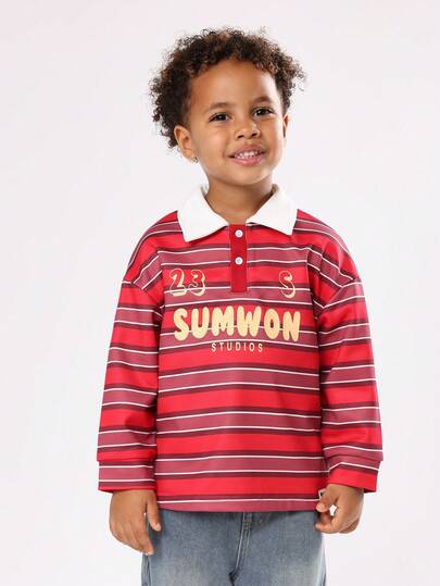 SUMWON Long Sleeve Striped Rugby Polo Kids Collar Neck Fall Winter Casual Everyday Boys Age 4 Rich Comfortable School Wear Studios Print