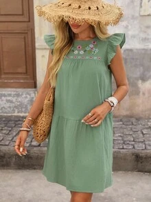 Brillora Floral Embroidery Ruffle Trim Smock Dress - Mint Green - View 6