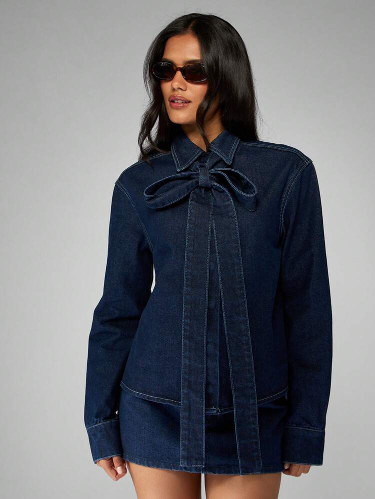 MISSGUIDED Cotton Long Sleeve Denim Shirt With Bow Tie Detail Oversized Relaxed Modern Fashion Dark Wash Premium Button Down Collared Statement Blouse Fall Winter Dressy Casual