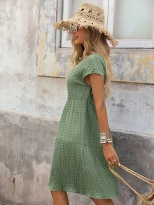 Brillora Women's Spring/Summer Solid Ruffle Hem Round Neck Short-Sleeve Dress Summer Dresses For Women,Sun Dresses For Women