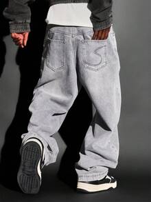 SUMWON 纯棉高级阔腿宽松牛仔裤，街头风高腰灯笼裤，独特褪色设计，纯色 - 灰色 - 查看 5