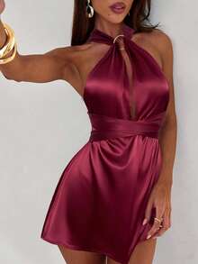 Aloruh Đầm ngắn satin trơn hở lưng hở lưng trang trí khóa kim loại gợi cảm cho nữ - Màu Đỏ Sâu - Xem 6