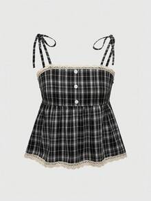 ROMWE Academia 休闲复古翻领纽扣格纹复古细肩带蕾丝花边女式吊带背心 - 黑色 - 查看 5