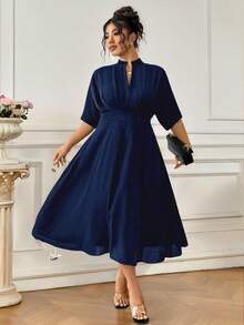 Elenzga 优雅休闲商务通勤女装夏季褶皱设计黑色中长款松紧腰宽松V领短袖大码连衣裙 - 藏蓝色 - 查看 8