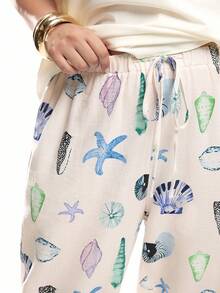 Solavibe Plus Size Comfortable Cotton Ocean Print Loose Straight Drawstring Pants, Suitable For Summer Vacation,Summer Pants - White - View 5