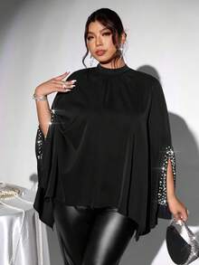 Firerie 中式立领斗篷式宽松蝙蝠袖衬衫，珍珠和亮片装饰，优雅大码女式衬衫，适合情人节、音乐会、表演、约会、正式场合、通勤、返校、浪漫、办公室穿着、美人鱼风格、生日派对 - 黑色 - 查看 4