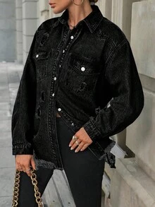 EMERY ROSE Women's Casual Distressed Frayed Front Button Denim Jacket, Autumn - Black - View 4