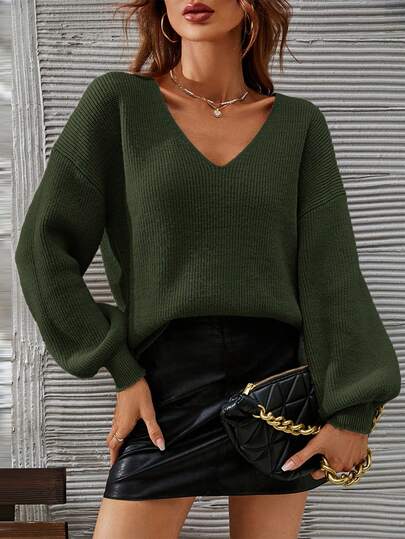 SHEIN Frenchy Suéter feminino solto de cor sólida, decote em V, ombro caído, manga comprida, outono/inverno