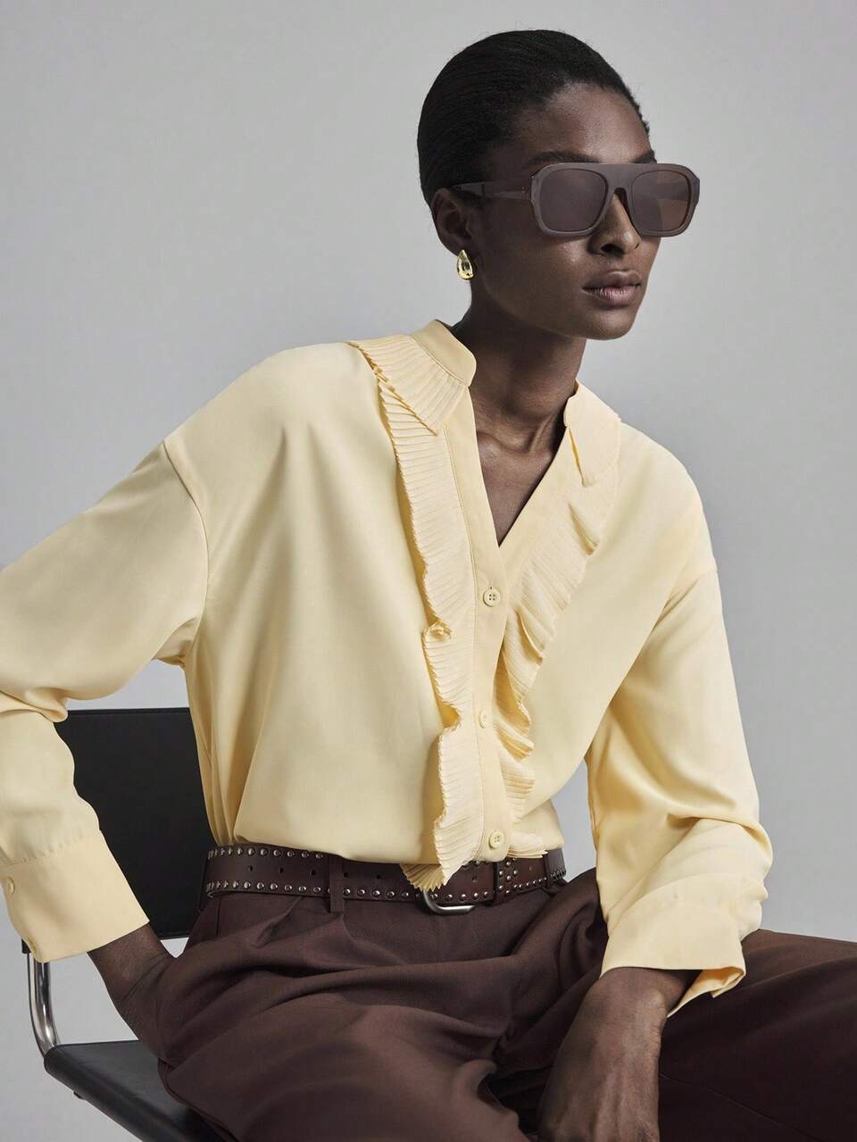 Women's Elegant Pale Yellow Blouse,Notched Collar Ruffle Hem Commuter Shirt For Autumn,Brunch,Bohemian Vacation Wear,High-Grade Breathable Fabric