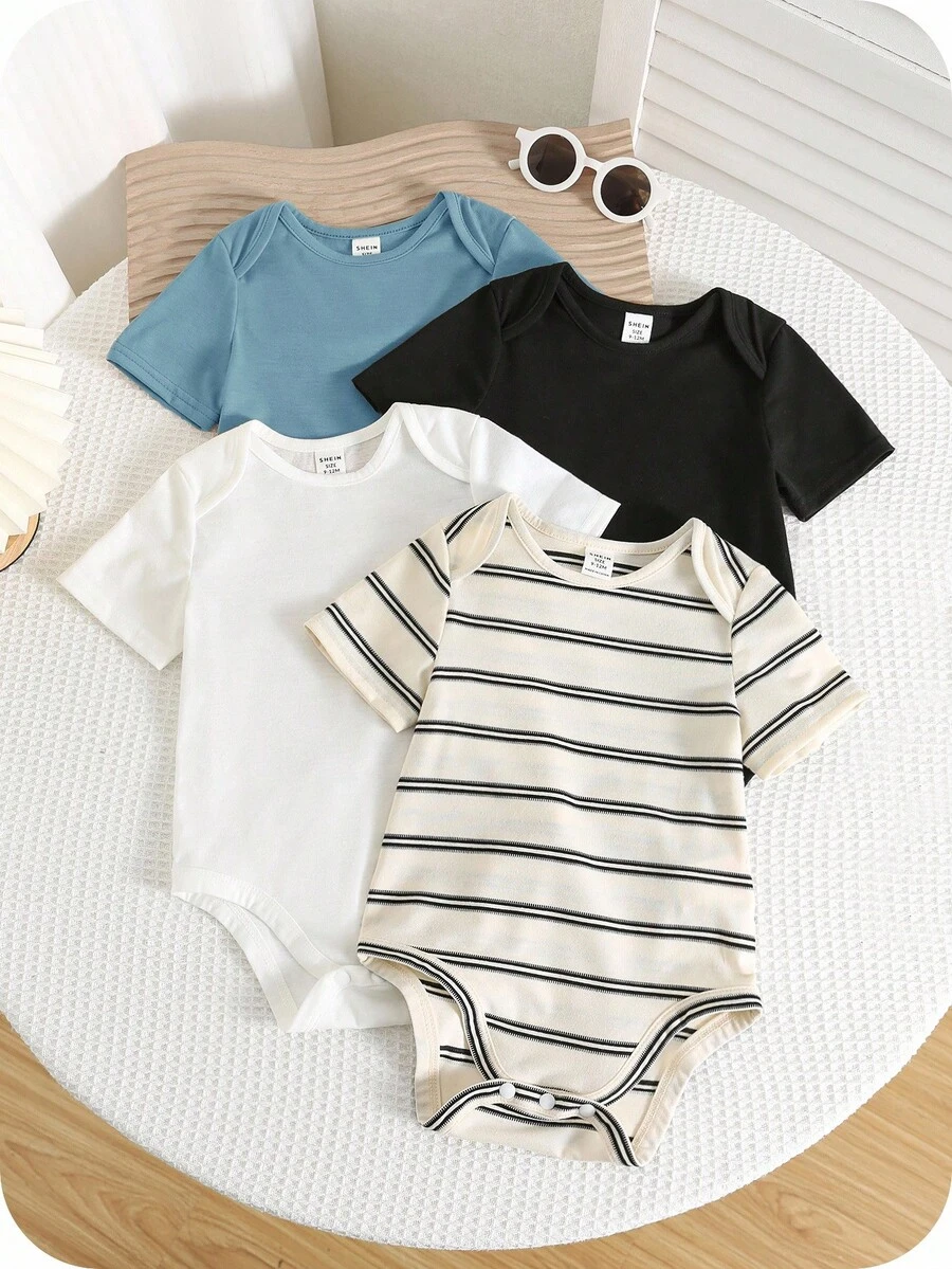SHEIN Set de 4 bodys de manga corta con rayas elásticas y diseño lindo para bebé niño/niña, conjunto básico de body, primavera/verano - Multicolor - Ver 1